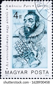 MADRID, SPAIN - JANUARY 11, 2020. Vintage Stamp Printed In Hungary Shows Ambroise Pare, One Of The Fathers Of Surgery And Modern Forensic Pathology