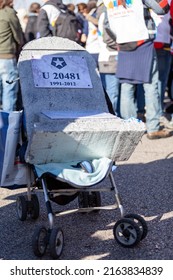 Madrid. Spain. January 12 2013: Gravestone Mounted On A Baby Carriage With The Date Of Death From The Public Television Of Madrid: 