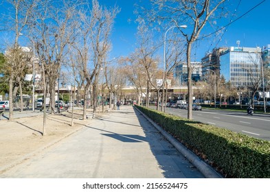 MADRID, SPAIN - JANUARY 12, 2022: Urban scene, view of Paseo de la Castellana, a major street in Madrid, Spain, cutting across the city from south to north