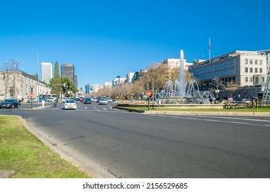 MADRID, SPAIN - JANUARY 12, 2022: Urban scene, view of Paseo de la Castellana in the Nuevos Ministeios area. Paseo de la Castellana is a major street in Madrid, Spain