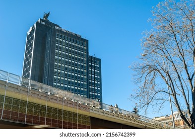 MADRID, SPAIN - JANUARY 12, 2022: Mutua Madrileña office building on Paseo de la Castellana in Madrid Spain. Mutua Madrileña is an insurance Spanish company founded in 1930