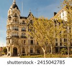 Madrid, Spain, January 2024. The facade of Casa Gallardo, a modernist building, designed by Federico Arias Rey, declared an Asset of Cultural Interest, in Plaza de España, in the city of Madrid.