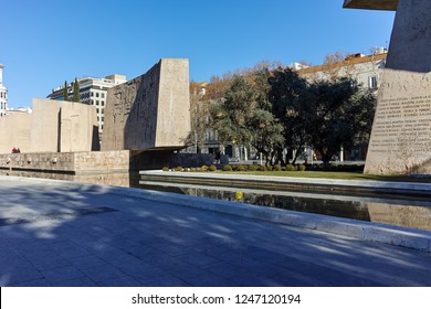 MADRID, SPAIN - JANUARY 21, 2018: Monument To Jorge Juan And Santacilia At Plaza De Colon In City Of Madrid, Spain