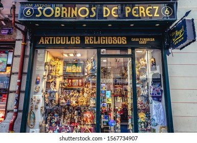 Madrid, Spain - January 23, 2019: Angel Perez Nephews Devotional Articles Store Located On Postas Street In Madrid City