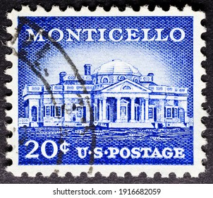 MADRID, SPAIN - JANUARY 30, 2021. Vintage Stamp Printed In United States Shows Monticello, Primary Plantation Of The President Thomas Jefferson Located Just Outside Charlottesville Virginia