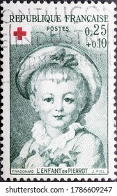 MADRID, SPAIN - JULY 27, 2020. Vintage Stamp Printed In France Shows For The Benefit Of The French Red Cross, 