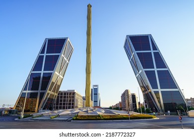 Madrid, Spain - July 30, 2022: Inclined Skyscrapers Of Business Offices In Plaza Castilla In Madrid, Gateway To Europe, Spain