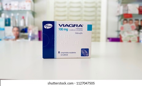 MADRID, SPAIN – JULY 4: Viagra drug box in a pharmacy on July 4, 2018 in Madrid, Spain.