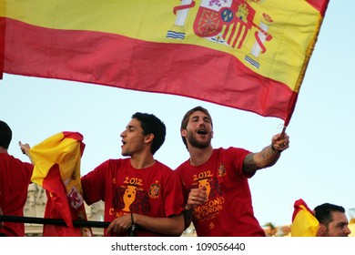 MADRID, SPAIN  JULY 7: Sergio Ramos And Jesus Navas Celebrate The Spanish National Team Winning The 2012 Eurocup. On July 7, 2012 At The Cibeles.