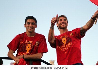 MADRID, SPAIN  JULY 7: Sergio Ramos And Jesus Navas Celebrate The Spanish National Team Winning The 2012 Eurocup. On July 7, 2012 At The Cibeles.