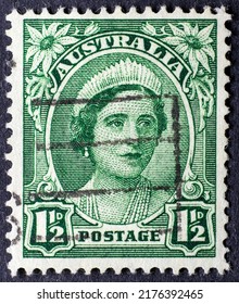 MADRID, SPAIN - JULY 8, 2022. Vintage Stamp Printed In Australia Shows Queen Elizabeth The Queen Mother (1900 - 2002)