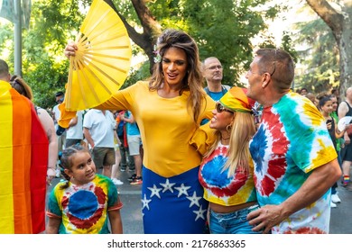 Madrid, Spain: July 9, 2022: A Trans Queen Taking Photos With The Public At The Gay Pride Party, Lgbt In Madrid