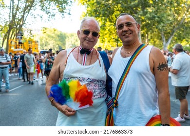 Madrid, Spain: July 9, 2022: An Older Adult Couple Enjoying The Gay Pride Party, Lgbt In Madrid