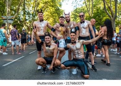 Madrid, Spain: July 9, 2022: A Group Of Friends At The Gay Pride Party, Lgbt In Madrid