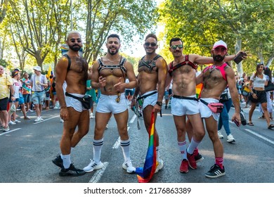 Madrid, Spain: July 9, 2022: A Group Of Friends At The Gay Pride Party, Lgbt In Madrid