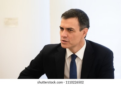 MADRID, SPAIN - Jun 04, 2018: Prime Minister Of Spain Pedro Sanchez During A Meeting With The President Of Ukraine Petr Poroshenko