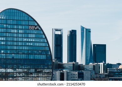 Madrid, Spain - June 19, 2021: City BBVA. Headquarters of BBVA bank in Las Tablas district. La Vela Building designed by Herzog and de Meuron. Finance, business and banking concepts