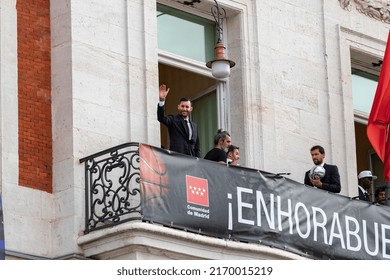 MADRID, SPAIN - JUNE 20, 2022. Real Madrid. Celebration. Celebration Of The Madrid Basketball Team In The League Cup. Players Like Rudy Fernández Or Sergio Llull Leaning Out On The Balcony.