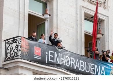 MADRID, SPAIN - JUNE 20, 2022. Real Madrid. Celebration. Celebration Of The Madrid Basketball Team In The League Cup. Players Like Rudy Fernández Or Sergio Llull Leaning Out On The Balcony.