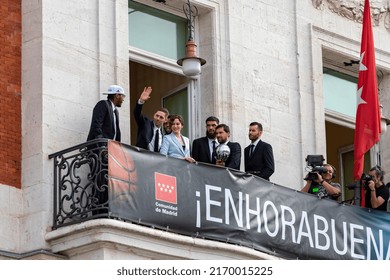 MADRID, SPAIN - JUNE 20, 2022. Real Madrid. Celebration. Celebration Of The Madrid Basketball Team In The League Cup. Players Like Rudy Fernández Or Sergio Llull Leaning Out On The Balcony.