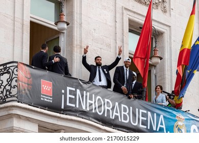 MADRID, SPAIN - JUNE 20, 2022. Real Madrid. Celebration. Celebration Of The Madrid Basketball Team In The League Cup. Players Like Rudy Fernández Or Sergio Llull Leaning Out On The Balcony.