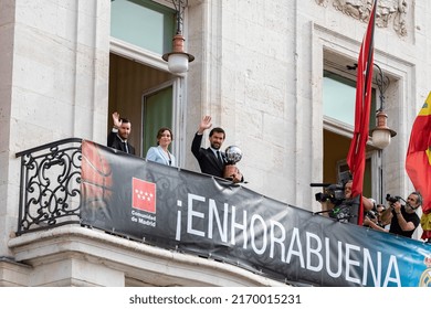 MADRID, SPAIN - JUNE 20, 2022. Real Madrid. Celebration. Celebration Of The Madrid Basketball Team In The League Cup. Players Like Rudy Fernández Or Sergio Llull Leaning Out On The Balcony.