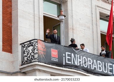 MADRID, SPAIN - JUNE 20, 2022. Real Madrid. Celebration. Celebration Of The Madrid Basketball Team In The League Cup. Players Like Rudy Fernández Or Sergio Llull Leaning Out On The Balcony.