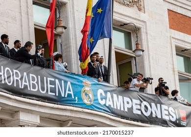 MADRID, SPAIN - JUNE 20, 2022. Real Madrid. Celebration. Celebration Of The Madrid Basketball Team In The League Cup. Players Like Rudy Fernández Or Sergio Llull Leaning Out On The Balcony.