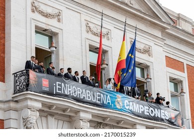 MADRID, SPAIN - JUNE 20, 2022. Real Madrid. Celebration. Celebration Of The Madrid Basketball Team In The League Cup. Players Like Rudy Fernández Or Sergio Llull Leaning Out On The Balcony.