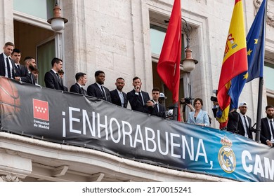 MADRID, SPAIN - JUNE 20, 2022. Real Madrid. Celebration. Celebration Of The Madrid Basketball Team In The League Cup. Players Like Rudy Fernández Or Sergio Llull Leaning Out On The Balcony.