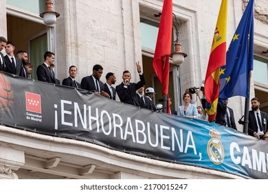 MADRID, SPAIN - JUNE 20, 2022. Real Madrid. Celebration. Celebration Of The Madrid Basketball Team In The League Cup. Players Like Rudy Fernández Or Sergio Llull Leaning Out On The Balcony.