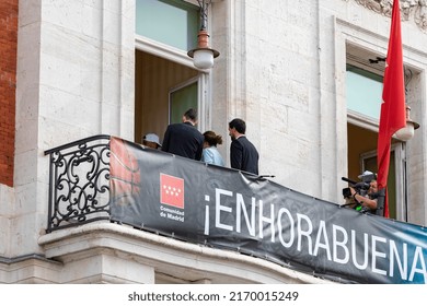 MADRID, SPAIN - JUNE 20, 2022. Real Madrid. Celebration. Celebration Of The Madrid Basketball Team In The League Cup. Players Like Rudy Fernández Or Sergio Llull Leaning Out On The Balcony.