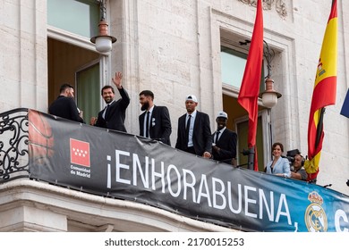 MADRID, SPAIN - JUNE 20, 2022. Real Madrid. Celebration. Celebration Of The Madrid Basketball Team In The League Cup. Players Like Rudy Fernández Or Sergio Llull Leaning Out On The Balcony.