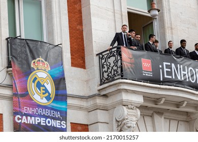 MADRID, SPAIN - JUNE 20, 2022. Real Madrid. Celebration. Celebration Of The Madrid Basketball Team In The League Cup. Players Like Rudy Fernández Or Sergio Llull Leaning Out On The Balcony.