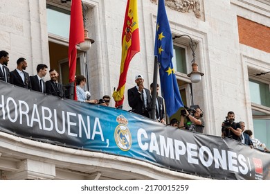 MADRID, SPAIN - JUNE 20, 2022. Real Madrid. Celebration. Celebration Of The Madrid Basketball Team In The League Cup. Players Like Rudy Fernández Or Sergio Llull Leaning Out On The Balcony.