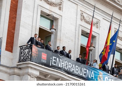 MADRID, SPAIN - JUNE 20, 2022. Real Madrid. Celebration. Celebration Of The Madrid Basketball Team In The League Cup. Players Like Rudy Fernández Or Sergio Llull Leaning Out On The Balcony.