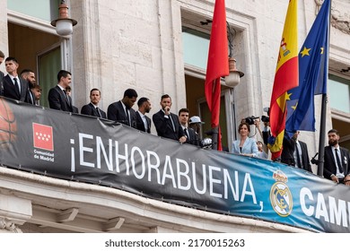 MADRID, SPAIN - JUNE 20, 2022. Real Madrid. Celebration. Celebration Of The Madrid Basketball Team In The League Cup. Players Like Rudy Fernández Or Sergio Llull Leaning Out On The Balcony.