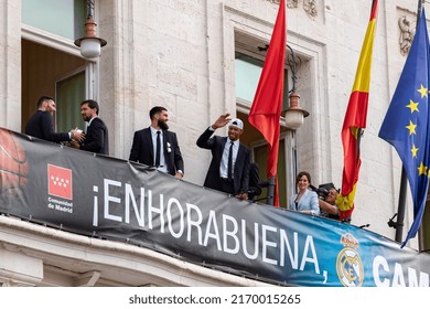 MADRID, SPAIN - JUNE 20, 2022. Real Madrid. Celebration. Celebration Of The Madrid Basketball Team In The League Cup. Players Like Rudy Fernández Or Sergio Llull Leaning Out On The Balcony.