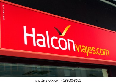 MADRID, SPAIN - JUNE 26, 2021. Halcon Viajes Logo On Halcon Viajes Travel Agency Store