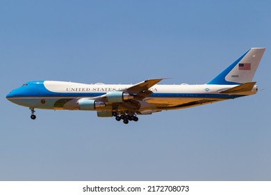 Madrid, Spain- June 28, 2022: Air Force One Upon Arrival At The Torrejón Air Base In Madrid. United States President Jon Biden Arrives On His Plane At The NATO Summit In Madrid.