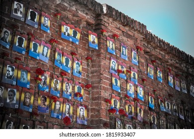 Madrid, Spain, La Almudena, April, 19, 2019. Tribute to the republicans shot in the Spanish Republic on the wall of the southern cemetery of Madrid, La Almudena, a historical fact in the Civil War
