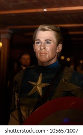 MADRID, SPAIN - MAR 28, 2018: Captain America, Steve Rogers, Marvel Comics And Cinematographic Universe In The Wax Museum In Madrid