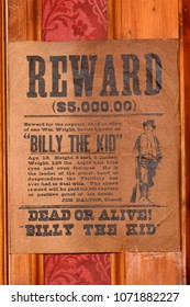 MADRID, SPAIN - MAR 28, 2018: Reward Notice For Billy The Kid,  Cinema Area, Wax Museum In Madrid