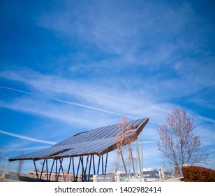 Madrid / Spain - March 17, 2019: A large solar panel structure in the Valdelasfuentes park in the city of Alcobendas in Madrid, Spain, Europe. - Shutterstock ID 1402982414
