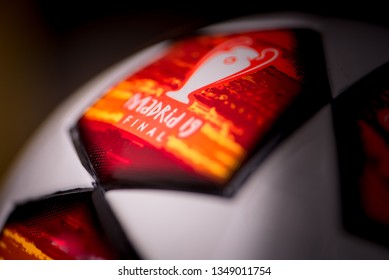 MADRID, SPAIN, MARCH. 25. 2019: UCL Final Madrid 19. Official Play-off UEFA Champions League Ball For Season 2019