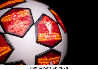 MADRID, SPAIN, MARCH. 25. 2019: UEFA Champions League Ball For Season 2019. Black Background. Final In Madrid 19