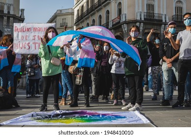 MADRID, SPAIN - MARCH 31, 2021: Protestors Attend A Rally On International Transgender Day Of Visibility. On This Day The Transgender Community Vindicates Trans Rights