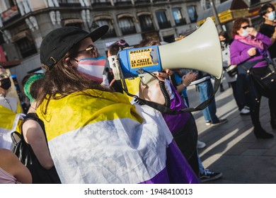 MADRID, SPAIN - MARCH 31, 2021: A Protestor Speaks During A Rally On International Transgender Day Of Visibility. On This Day The Transgender Community Vindicates Trans Rights