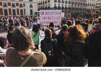 MADRID, SPAIN - MARCH 31, 2021: Protestors Attend A Rally On International Transgender Day Of Visibility. On This Day The Transgender Community Vindicates Trans Rights