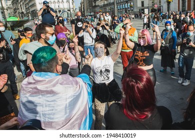 MADRID, SPAIN - MARCH 31, 2021: Two Neonazi Women Interrupts A Rally On International Transgender Day Of Visibility. On This Day The Transgender Community Vindicates Trans Rights